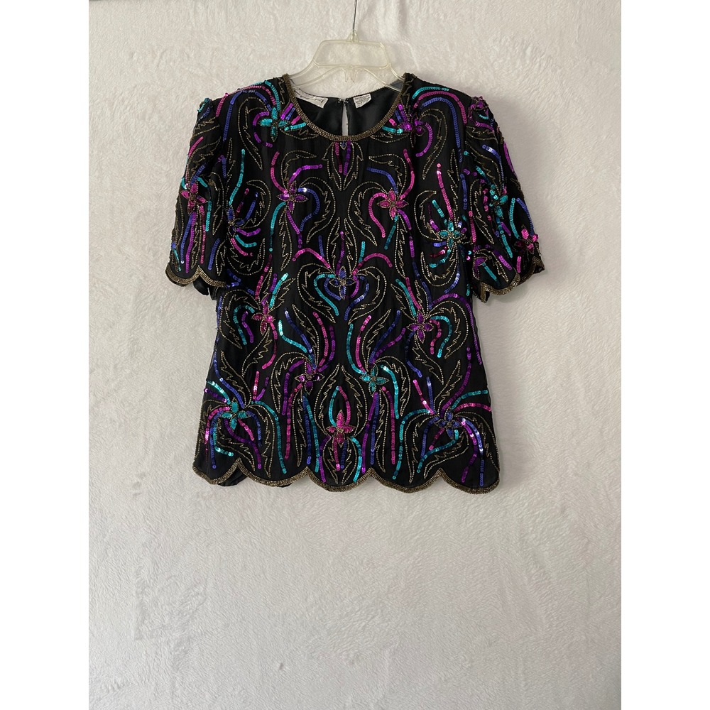 Vtg Scala Vintage Silk Beaded Sequin Blouse Black Teal Floral Scalloped PM